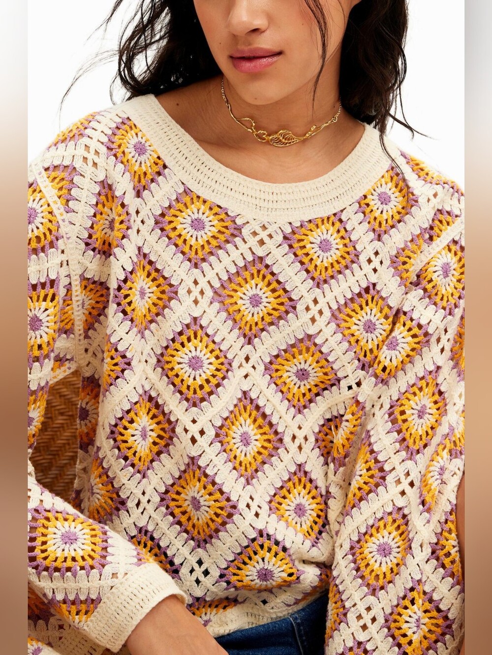 Desigual Crochet Granny Square Sweater Pullover Large Boho